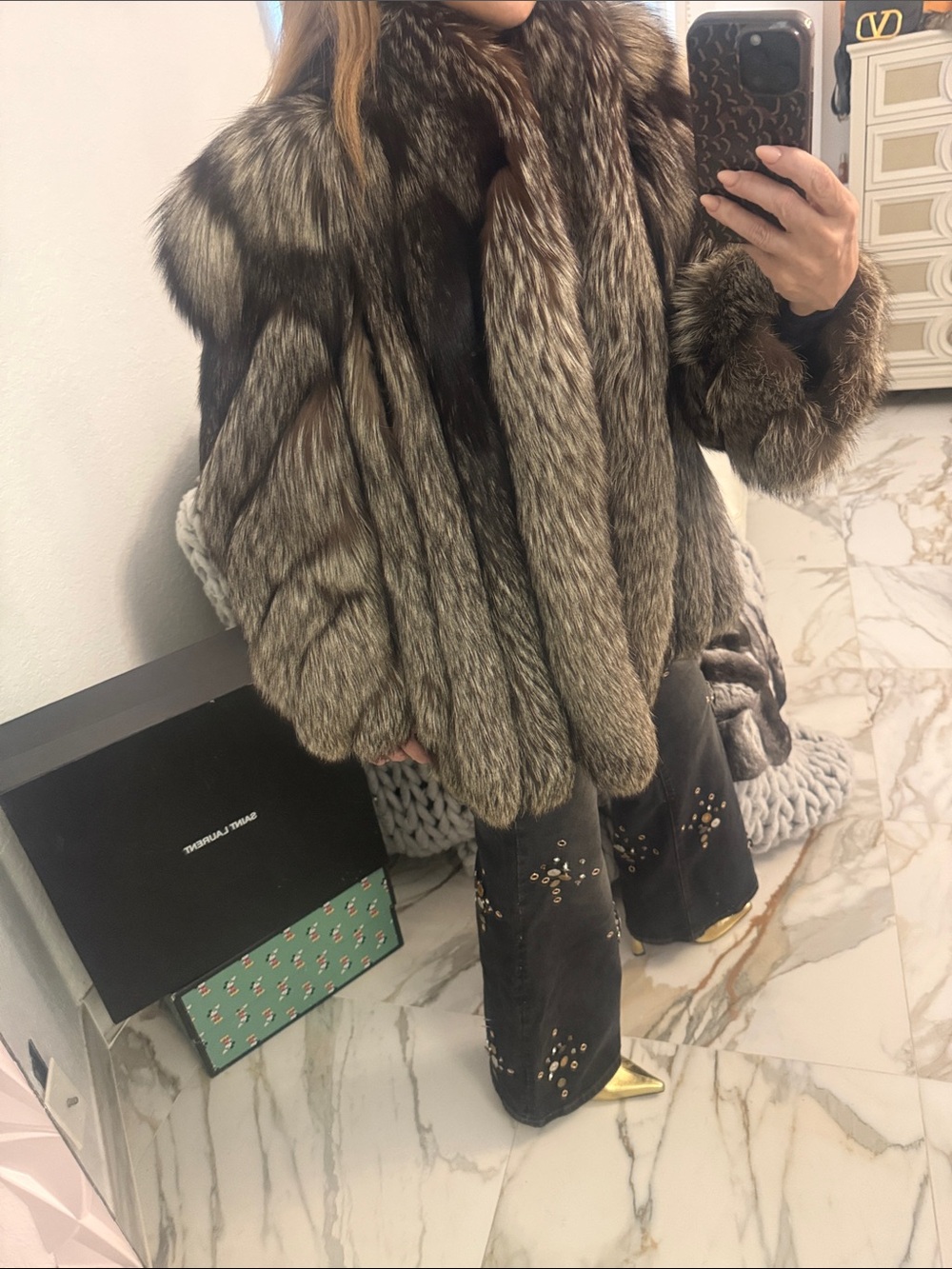 Saga superb quality tag silver fox fur coat